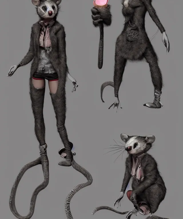 Prompt: the boring, world - weary female anthropomorphic possum demonologist looking for a challenge. her wardrobe is strange. in the style of anti - art trending on artstation deviantart pinterest furaffinity hyper detailed photorealistic highlights and shadow hd 8 k post - processing high resolution