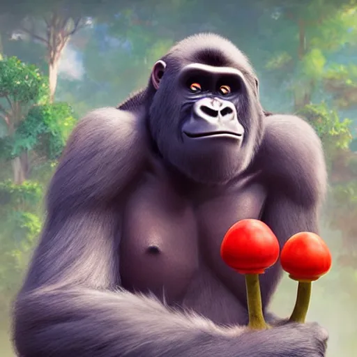 Prompt: a wholesome animation key shot of a gorilla holding a very small red mushroom, chilled out smirk on face, studio ghibli, pixar and disney animation, sharp, rendered in unreal engine 5, anime key art by greg rutkowski, bloom, dramatic lighting