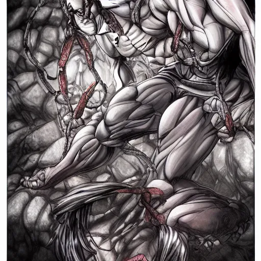 Image similar to a crawling mountain of muscles, highly detailed, anime, pale colors, award winning pictures, by studio mappa, by studio wit