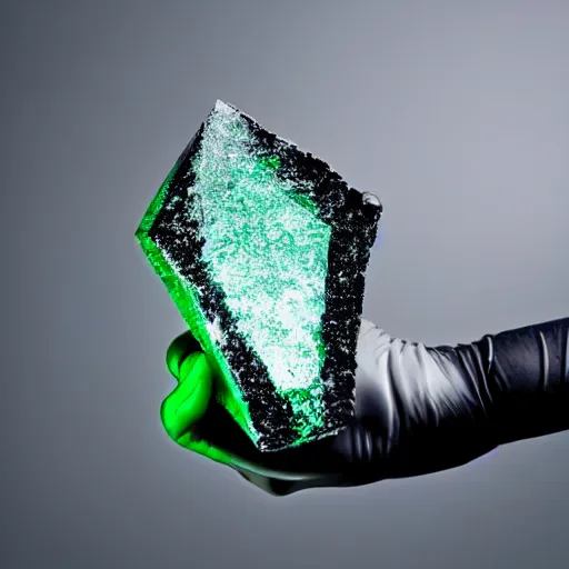 Image similar to a glowing shard of kryptonite held in an open black - gloved hand, black background