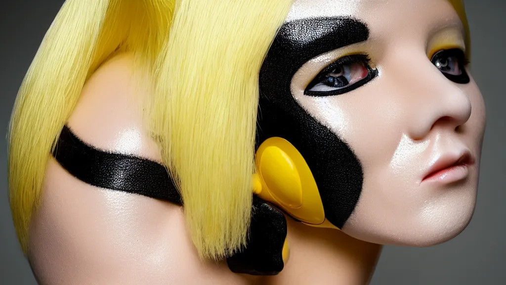 Image similar to symmetrical close - up portrait of a woman wearing a translucent silicone beauty mask and yellow hair, wearing a black bodysuit by alexander mcqueen, black background, soft diffused light, biotechnology, humanoide robot, bjork aesthetic, translucent, intricate details, highly detailed, masterpiece,