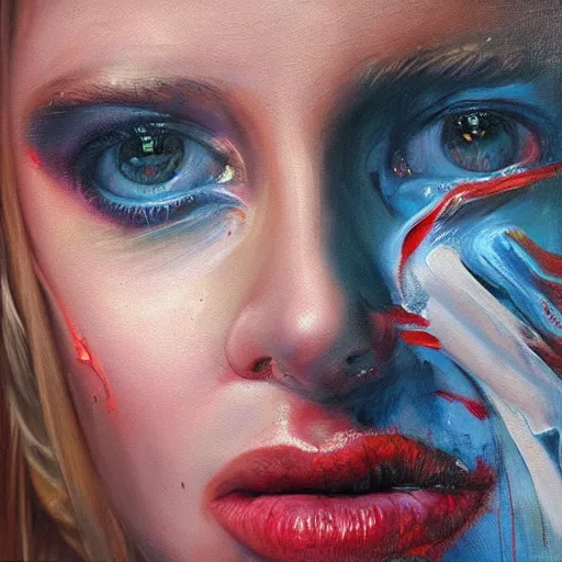 Prompt: a painting of a woman, a photorealistic painting by sam spratt, behance contest winner, shock art, apocalypse art, oil on canvas, hyper realism