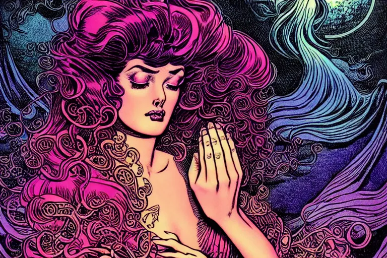 Prompt: a glamorous natural girl praying, fantasy graphic novel style, by wendy pini and virgil finlay, intricate, vivid gradient colors, very fine inking lines, extremely detailed, 4k, hd