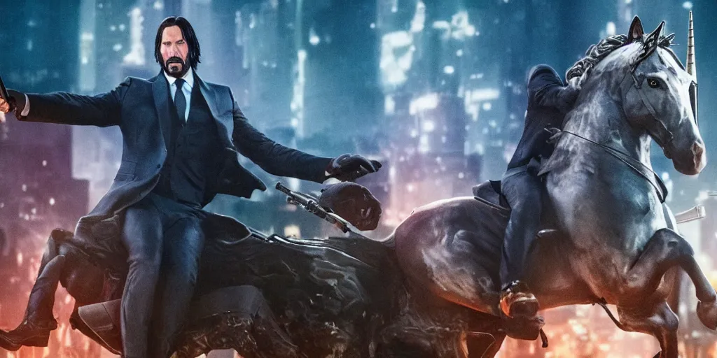 Prompt: Keanu Reaves riding a unicorn, over the shoulder shot, still from John Wick 3, shooting a weapon at a statue of Luigi, IMAX style, digital art, Movie Poster, DreamWorks 8K RED