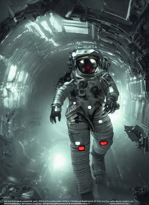 Image similar to complex poster by craig mullins astronaut in futuristic dark and empty spaceship underwater. infrared glowing lights. complex and hyperdetailed technical suit. reflection and dispersion materials. rays and dispersion of light. volumetric light. 5 0 mm, f / 3 2. noise film photo. flash photography. unreal engine 4, octane render. interstellar movie art