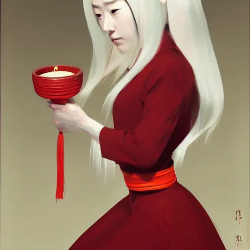 Prompt: Portrait of a japanese young lady with a long white!!!!!!! long white hair and a red ribbon, Rim Lighting, Lantern, by Sergey Kolesov