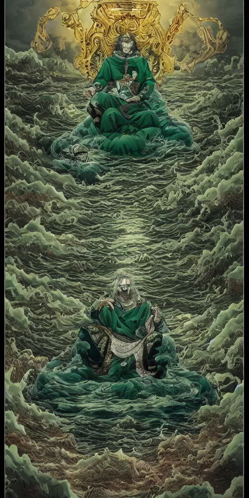 Image similar to a lone emperor sitting on a emerald throne floating on water in the middle of a lake drawn by Makoto Yukimura in the style of Vinland saga anime, full color, detailed, psychedelic, Authority, structure, a father figure