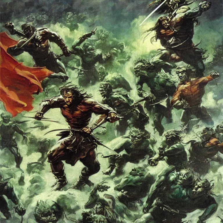 Prompt: a beautiful painting in the style of frank frazetta of aragorn running in front of a green ghost army of medieval warriors