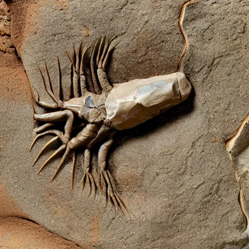 Prompt: nautilidae fossil lodged in sandstone rock, paleontology,