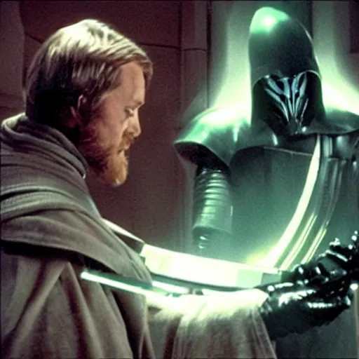 Image similar to obi wan kenobi killing a xenomorph alien with his lightsaber