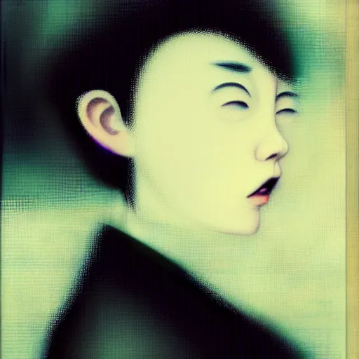 Image similar to yoshitaka amano blurred and dreamy realistic three quarter angle portrait of a young woman with short hair and black eyes wearing office suit with tie, junji ito abstract patterns in the background, satoshi kon anime, noisy film grain effect, highly detailed, renaissance oil painting, weird portrait angle, blurred lost edges