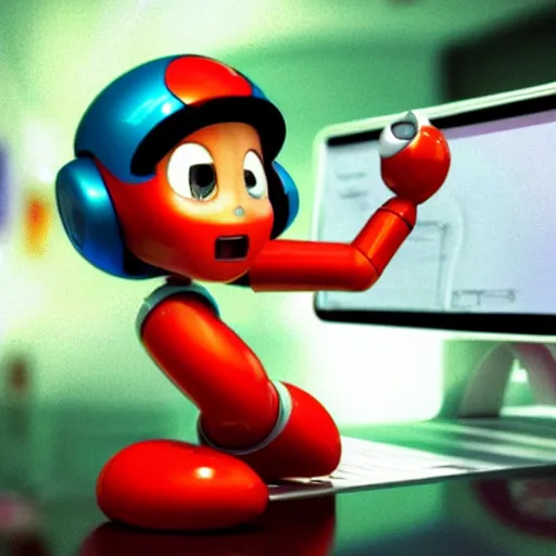 Image similar to pixar - style rendering of : roll is repairing computers in dr. light's laboratory. roll is a cute female ball - jointed robot ( in the style of mega man ) who has blonde hair with bangs and a ponytail tied with a green ribbon. she is wearing a red one - piece dress with a white collar, and red boots.