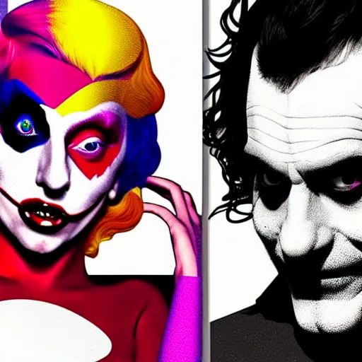 Image similar to richard hamilton and mimmo rottela as lady gaga harley queen and joaquin phoenix joker couple, pop art, 2 color, left and right align, object details, dynamic composition, 4 k, ultra realistic art, smooth, sharp focus, illustration, concept art, intricate details, h 7 6 8