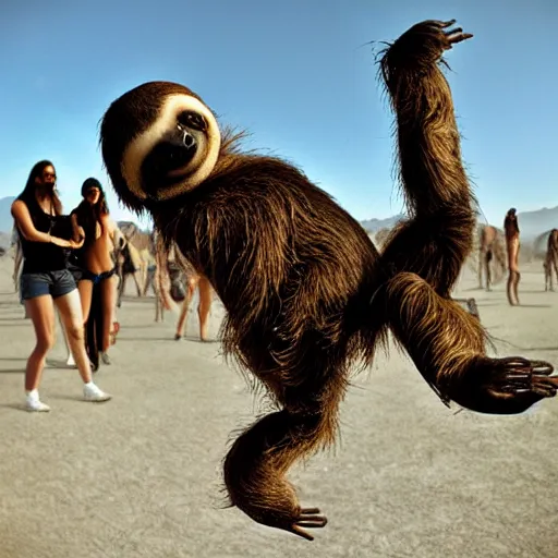 Prompt: sloths dancing at an outdoor rave, Burning Man concert