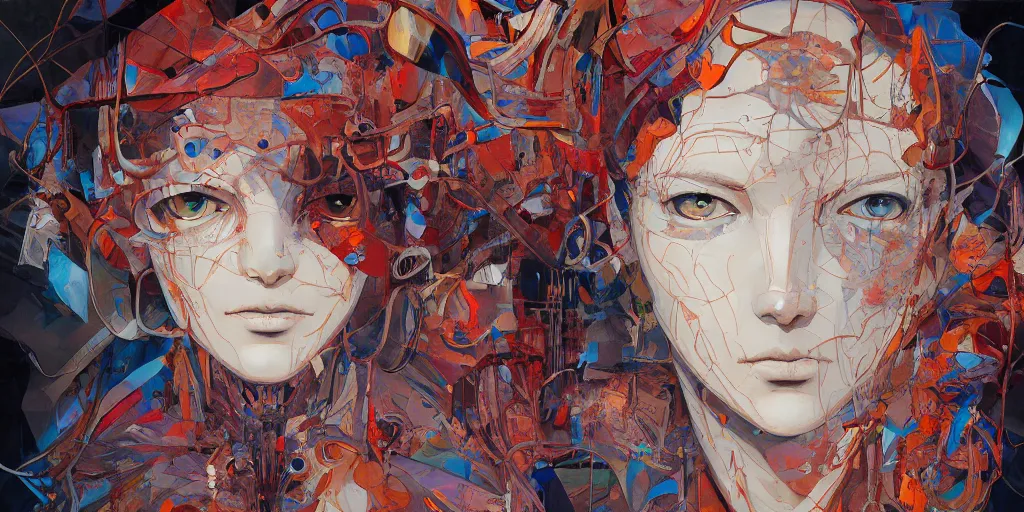 Image similar to gigantic oil painting art by james jean and satoshi kon and moebius, inspired by ghost in the shell anime, smooth face feature, intricate oil painting, high detail illustration, sharp high detail, manga and anime