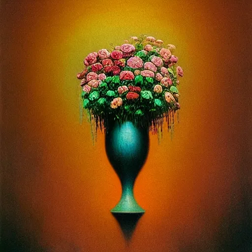 Prompt: a vase full of roses by lisa frank and zdislaw beksinski