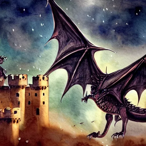 Prompt: a majestic , magnificent dragon flying over a medieval castle under a dark starred sky, dark fantasy, watercolor, dreaming illusion, highly detailed, 4k, trending on Artstation, award-winning