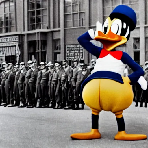 Image similar to historic colorized photograph of colorful donald duck at a nazi parade in 1 9 3 6