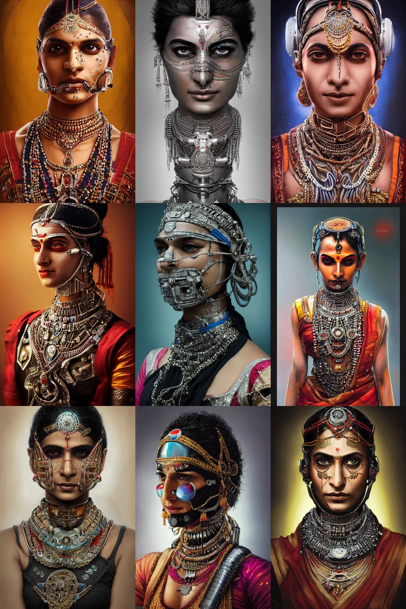 Prompt: a stunning ultra detailed fine art portrait of an indian classical dancer wearing a cybernetic bionic bandana mask, cyberpunk, by tom bagshaw and zach sutton, 8 5 mm lens, sharp focus, futuristic mechanoid humanoid, studio lighting, perfect face and eyes, very detailed, artstation, 8 k
