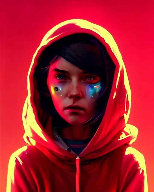 Image similar to cyberpunk synth, hyper - realistic portrait of a girl in a hoodie, red long wavey hair, cinematic, by atey ghailan, by greg rutkowski, by greg tocchini, by james gilleard, by joe fenton, by kaethe butcher, 8 k, very intricate, dynamic lighting, lighting color scheme, sharp focus, grunge aesthetic