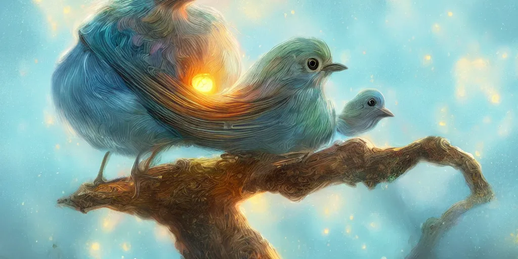 Image similar to baby bird, sunrise, pot of gold, rainbow, sci-fi, fantasy, intricate, very very beautiful, elegant, highly detailed, digital painting, artstation, concept art, smooth, sharp focus, illustration