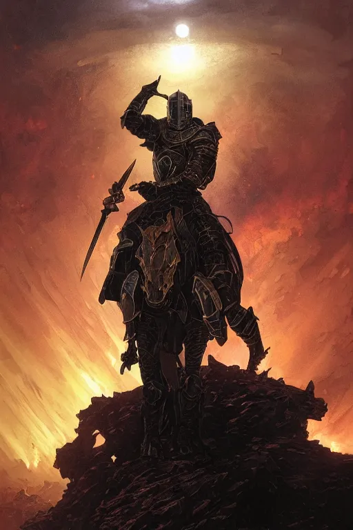 Image similar to a knight in black armor stands in front of a solar eclipse in a hellish landscape of ash and fire surrounded by a field of swords, intricate, highly detailed, artstation, concept art, illustration, sharp focus, art by ralph horsley, greg rutkowski, and alphonse mucha