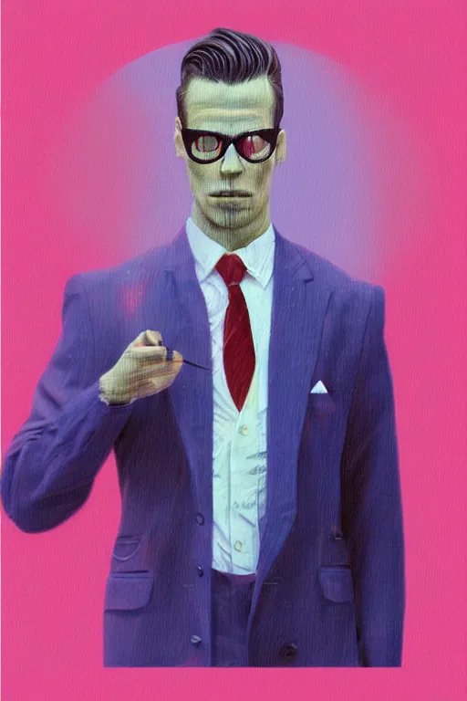 Prompt: a painting of a man wearing a suit and tie, a digital painting by Vladimir Tretchikoff, trending on Artstation, computer art, anaglyph filter, anaglyph effect, vaporwave