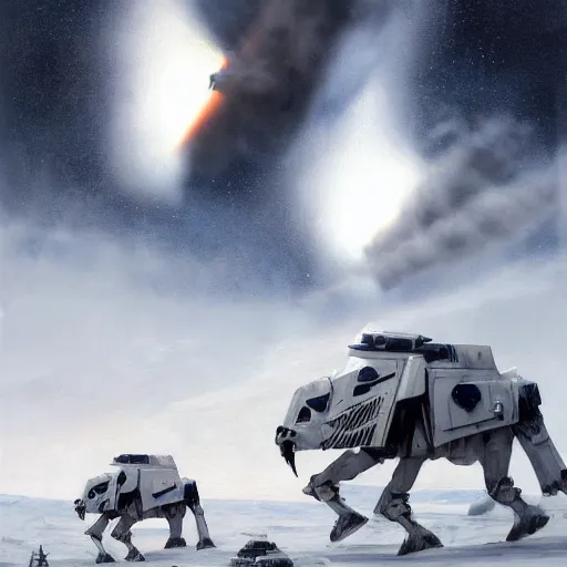 Image similar to a beautiful dramatic painting of arrival of at - ats on hoth by famous artist nasreddine dinet and eugene de blaas and greg rutkowski and artgerm and wlop and george lucs, path tracing, artstation