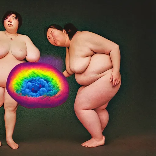 Prompt: a group of fat human bodies intertwined, rainbow smoke, studio light, mamiya, in the style of nobuyoshi araki and klimt