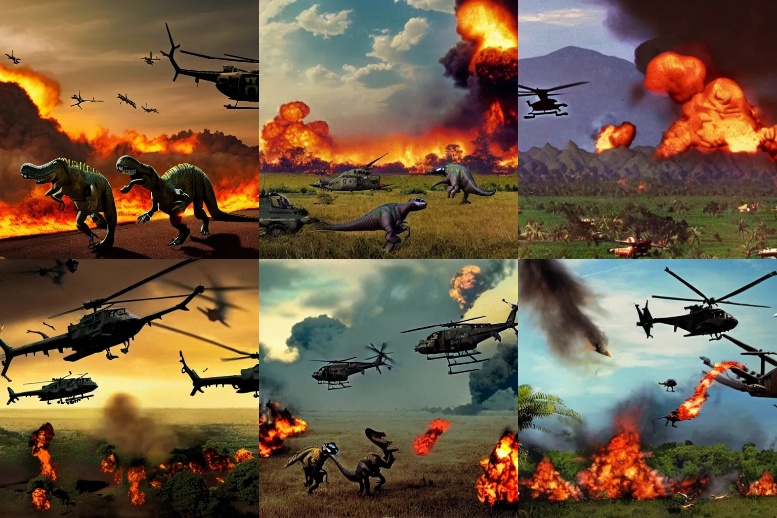 Prompt: Dinosaurs fighting in the Vietnam War, napalm and helicopters in the background, award winning photo pulitzer prize, realistic, 4k resolution, extremely detailed