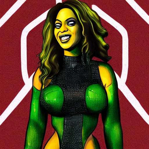 Image similar to Singer Beyoncé as She-Hulk, smiling, photorealistic drawing, sports illustrated, detailed legs, hyperreal, surreal, artstation, bokeh, tilt shift photography, photo illustration