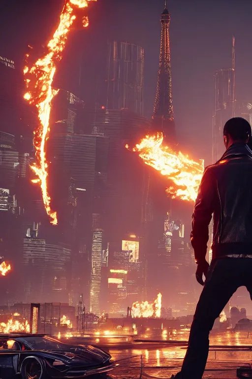 Prompt: in the foreground Paris, in the background a dark-haired man from behind playing with black flames coming out of his hands wearing a long matrix-style jacket, realistic, high definition, many details, dramatic scene, symmetrical face, realistic eyes, art of cyberpunk 2077