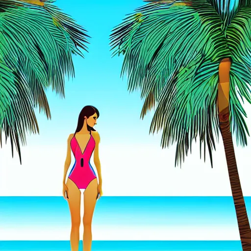 Image similar to a beautiful illustration of a woman in a swimsuit on the beach with palm trees by hed kandi, adobe illustrator