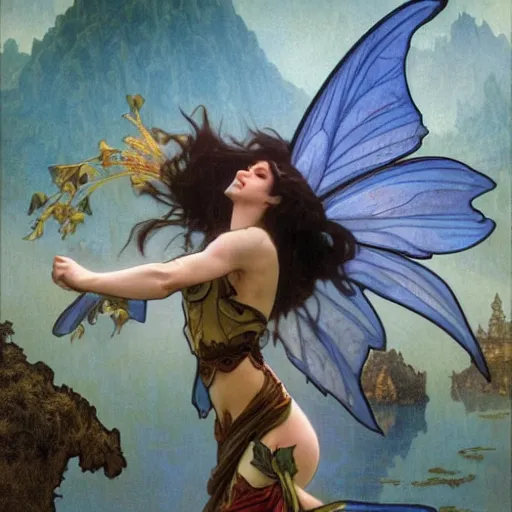 Image similar to Dark fantasy fairy flying over a lake, concept art, fantasy, award-winning art, 4k, sharp, dramatic lighting, cinematic, by Alphonse Mucha, James Gurney