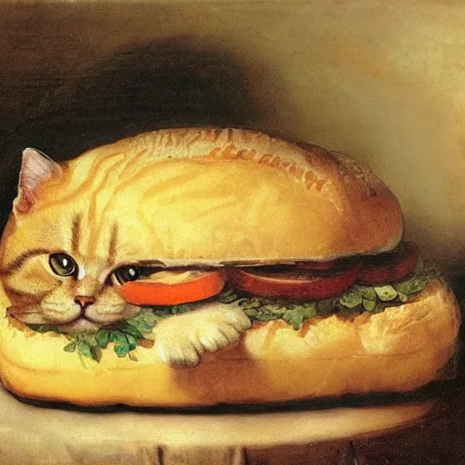 Prompt: A British Shorthaired cat eating a large sandwich with his paws. Portrait painting by Rembrandt