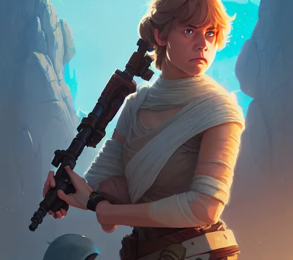 Prompt: portrait of female luke skywalker, fantasy, matte painting, illustration, hearthstone, by atey ghailan, by greg rutkowski, by greg tocchini, by james gilleard, by joe fenton, by kaethe butcher, dynamic lighting, gradient light blue, brown, blonde cream and white color scheme, grunge aesthetic