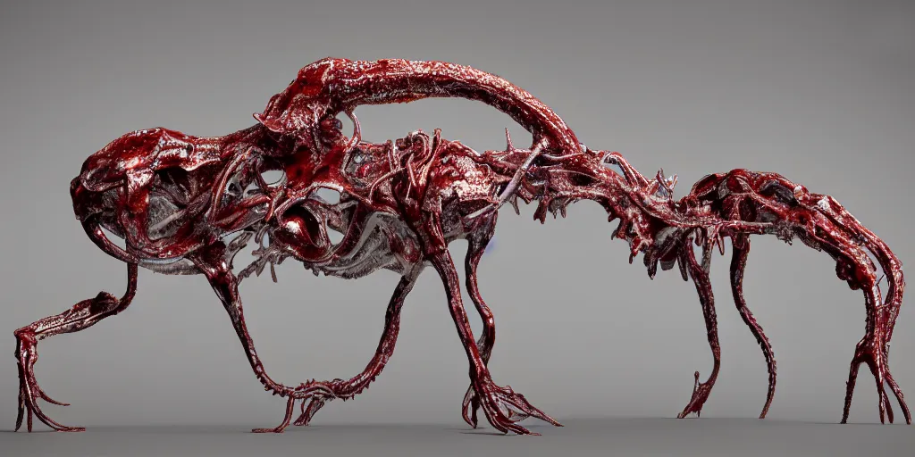 Image similar to stylized shiny polished silver statue full body bizarre extra limbs cosmic horror quadruped animal moose deer skull four legs made of marble of slug worm creature tendrils perfect symmetrical body perfect symmetrical face hyper realistic hyper detailed by johannen voss by michelangelo octane render blender 8 k displayed in pure white studio room anatomical deep red arteries veins flesh hell