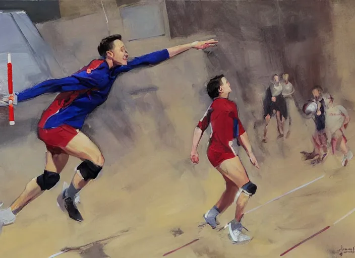 Prompt: a highly detailed beautiful portrait of elon musk playing voleyball, by gregory manchess, james gurney, james jean