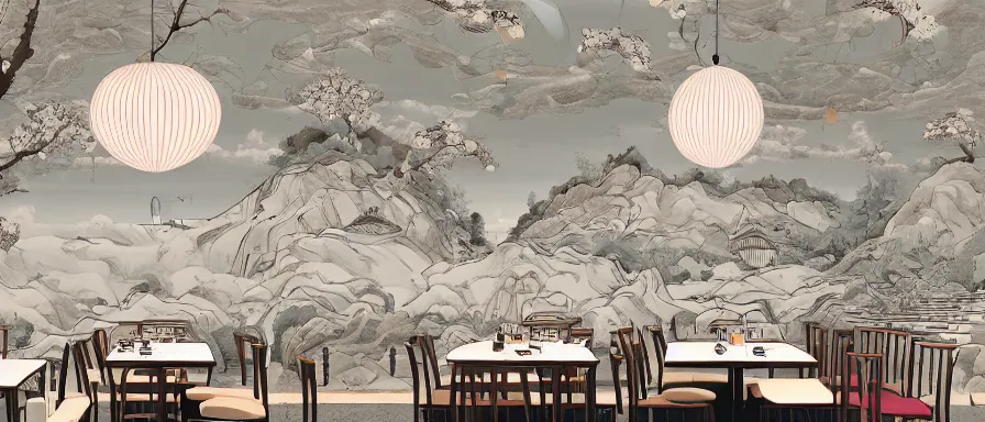 Image similar to a beautiful interior view illustration of a small roasted string hotpot restaurant of baota mountain in yan'an city, restaurant wall paper is a tower with mountain, rectangle white porcelain table, black chair, animation illustrative style, from china, simple style structure decoration design, victo ngai, james jean, 4 k hd