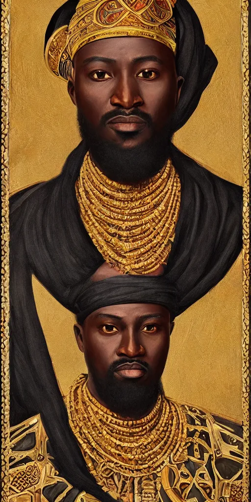 Image similar to a stunning and noble highly detailed romantic period style portrait of Mansa Musa by Josep Tapiró Baró, trending on artstation, oil painting masterpiece, symmetry, mysterious, very very very aesyhetic, African iconography