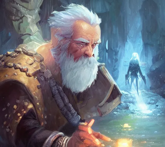 Prompt: fantasy dice gambling with a white haired dwarf next to a shallow creek, oil painting, greg rutkowski, highly detailed, colorful, dramatic lighting, cinematic composition,