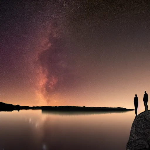 Prompt: two guys standing on a lake at night looking up at the milky way which is also reflected on the water, artstation, 8k