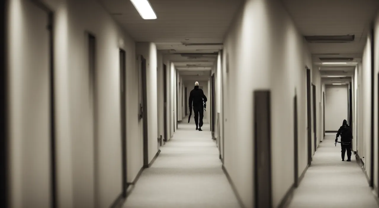 Image similar to distant hiding ninjas in long corridor backrooms, DOF