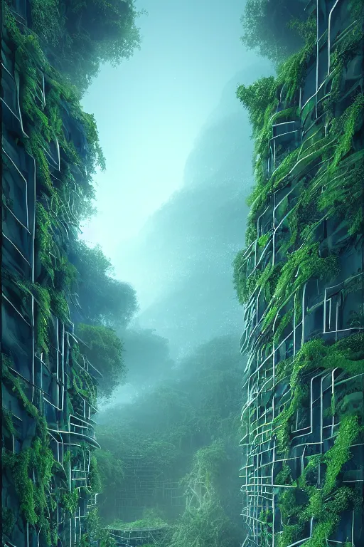 Image similar to emissary city in a jungle with a soft blue hue uder glow to the leaves, rain falling, vines, by arthur haas by james gilleard and laurie greasley, textured, cinematic matte painting, zaha hadid building, photo realism, dark moody color palate, blue hour stars, desolate glacial landscape,