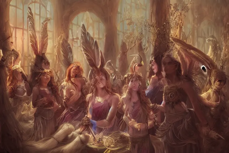 Image similar to the muses. sacred singers they who took up the strings of the deep, and turned the cacophony of an angry world into songs of unity and peace. there's a feathered bunny audience. morning lighting, cinematic fantasy painting, dungeons and dragons, jessica rossier and brian froud