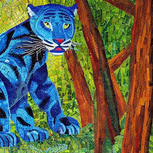 Image similar to church painting of the god of nature, the blue panther, impressionistic mosaic