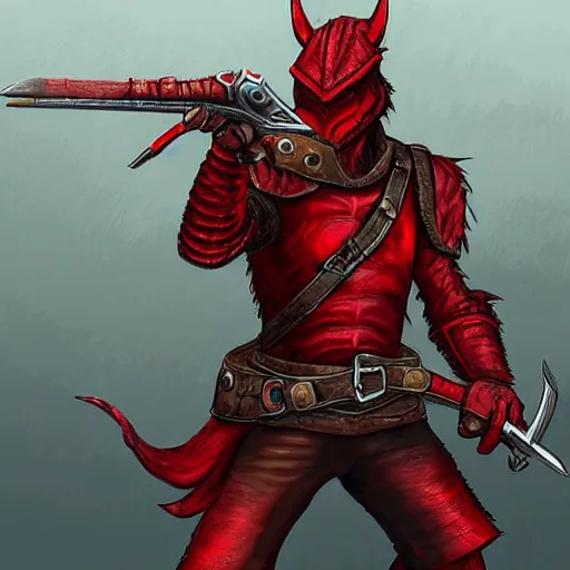 Prompt: A red dragonborn wearing a leather jacket and pointing a flintlock pistol at the viewer. Full-body. D&D. digital art.