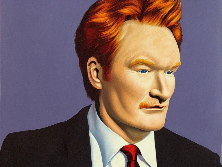 Image similar to Close-up portrait of Conan O'Brien , painting by René Magritte, high detail, high resolution