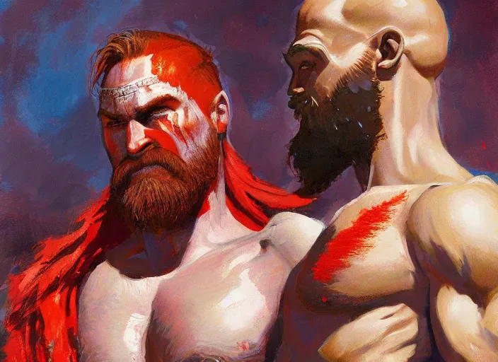 Image similar to a highly detailed beautiful portrait of conan o'brien as kratos, by gregory manchess, james gurney, james jean
