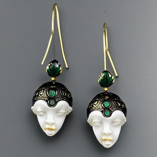 Image similar to artnouveau alien goddess earrings made by René lalique in black, white and emerald and gold